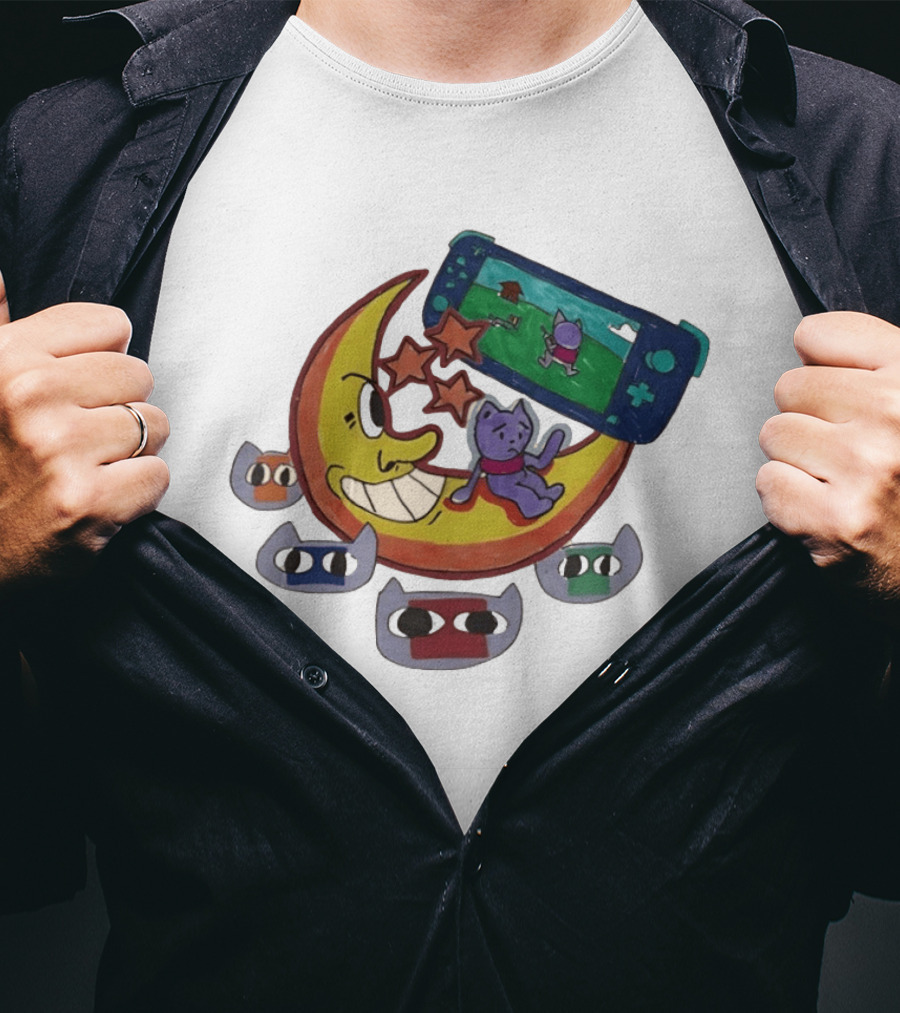 Cartoon Moon And Cat Playing Game With Stars And Colorful Masks T-Shirt