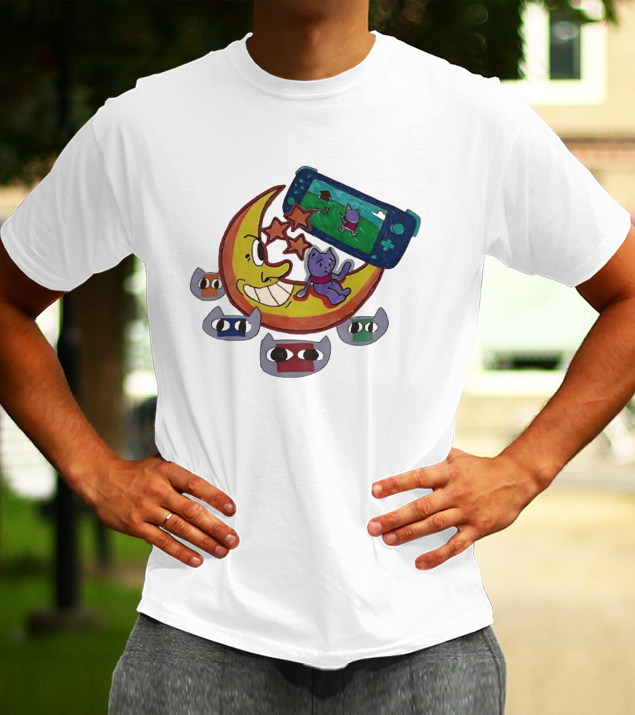 Cartoon Moon And Cat Playing Game With Stars And Colorful Masks T-Shirt