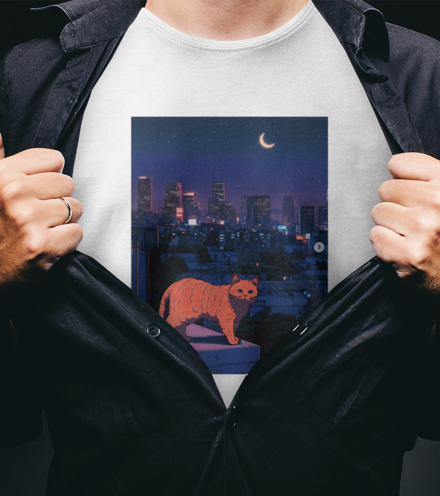 Orange Tabby Cat Under Night Sky Overlooking City Skyline With Crescent Moon T-Shirt