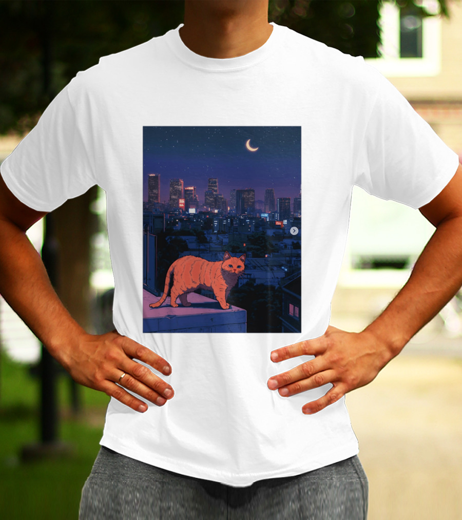 Orange Tabby Cat Under Night Sky Overlooking City Skyline With Crescent Moon T-Shirt