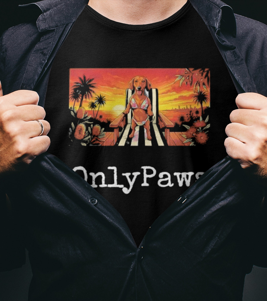 Beach Vibes Dachshund OnlyPaws Sunset Scene T-Shirt
