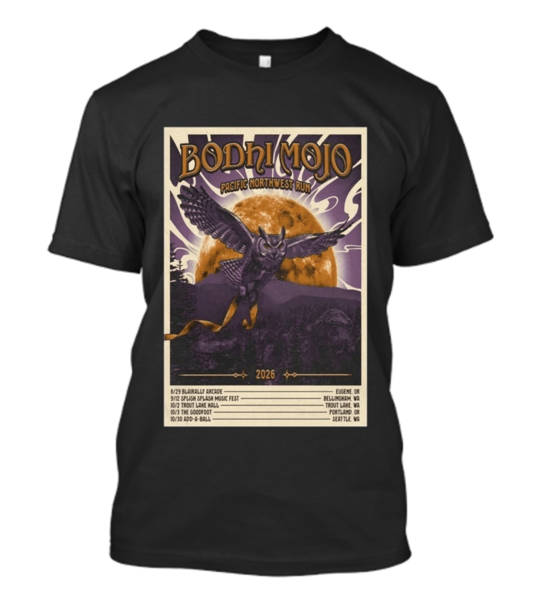 Bodhi Mojo Pacific Northwest Run 2026 Tour Owl Illustration Dates And Locations T-Shirt