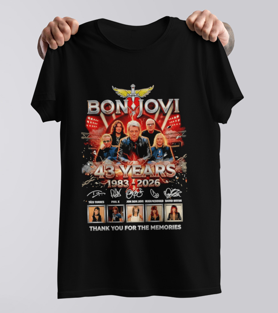 Bon Jovi 43 Years Celebration 1983 2026 Thank You For The Memories Signatures T-Shirt