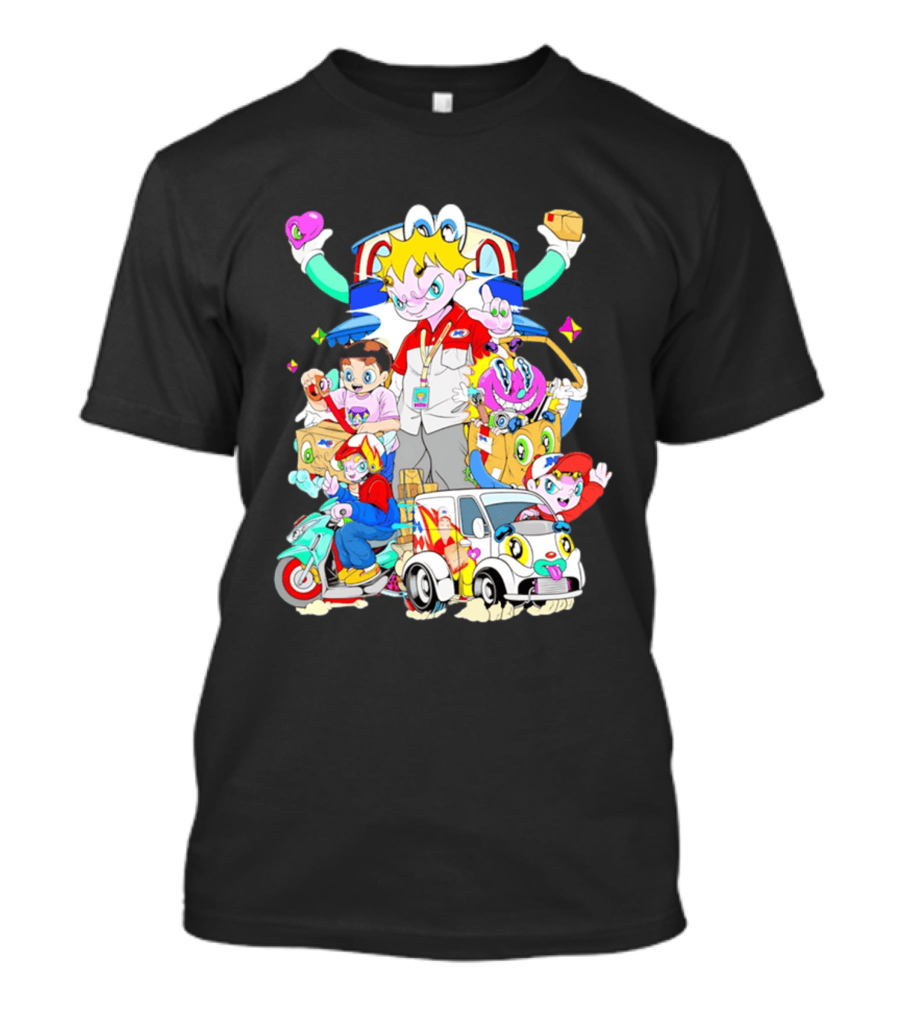 JNE Express Delivery Cartoon Characters And Van Fun Anime T-Shirt