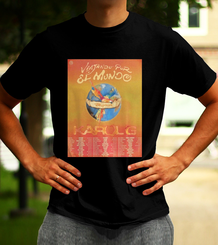 Karol G Viajando Por El Mundo Tropitour 2026 World Tour Dates Colorful Parrot T-Shirt