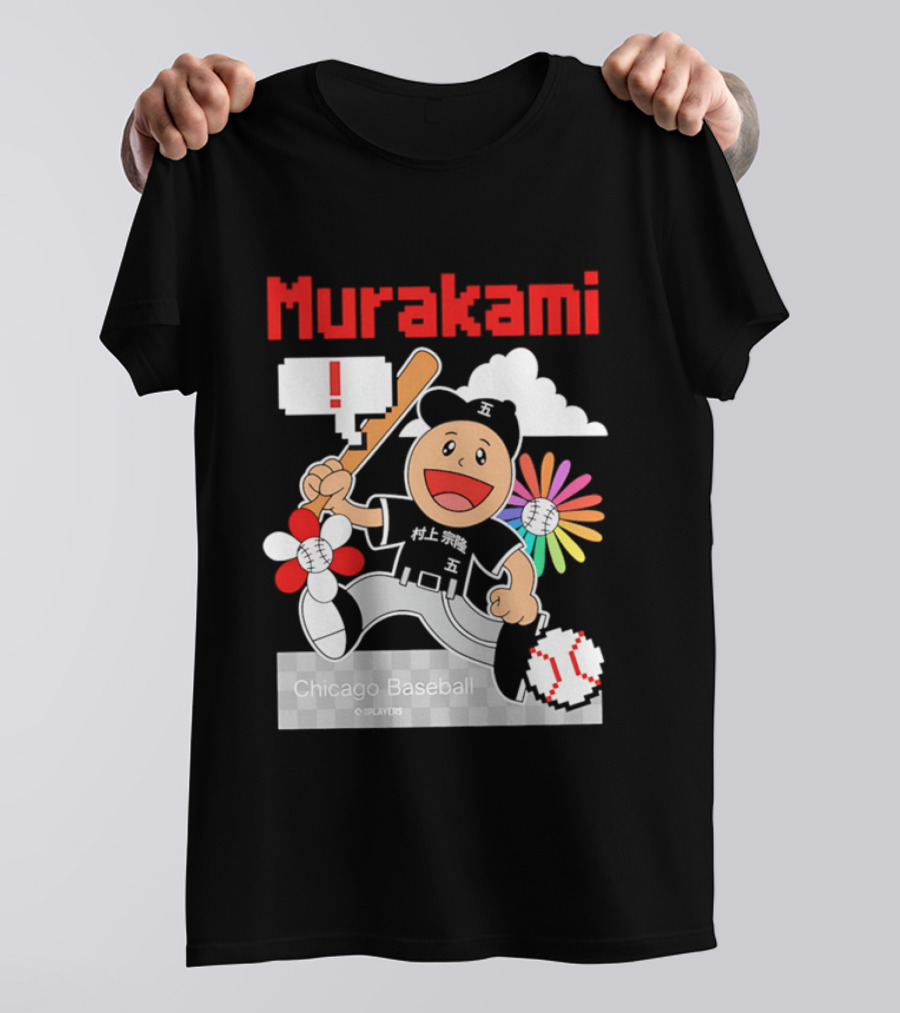 Murakami Chicago Baseball IPlayers Animated Character Flower Motif T-Shirt