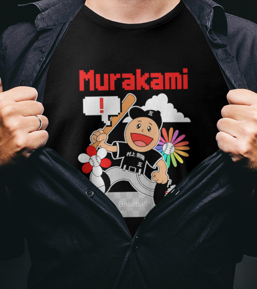 Murakami Chicago Baseball IPlayers Animated Character Flower Motif T-Shirt
