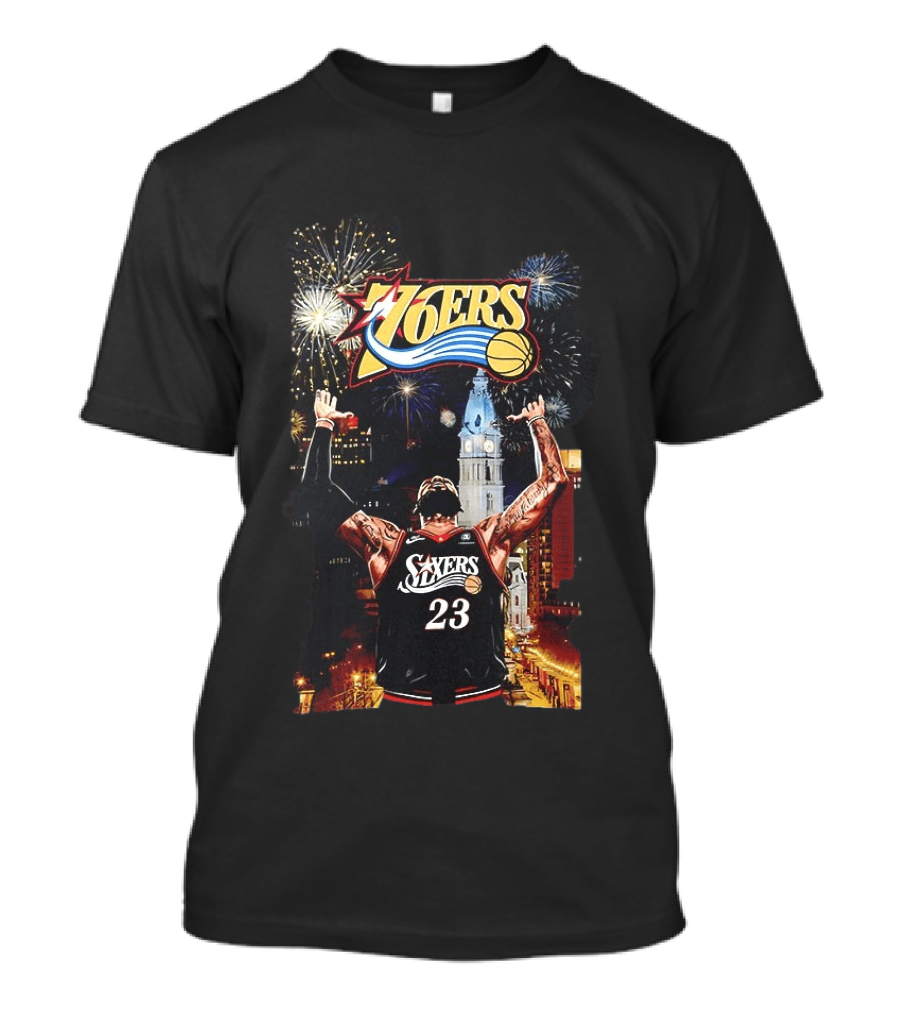 Philadelphia 76ers NBA Basketball 23 Cityscape Fireworks T-Shirt