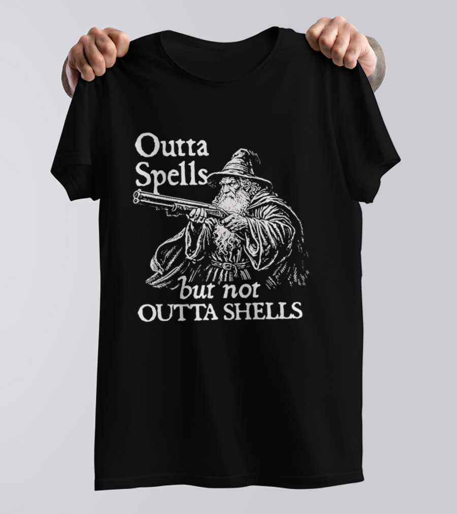 Outta Spells But Not Outta Shells Wizard With Gun Magic T-Shirt