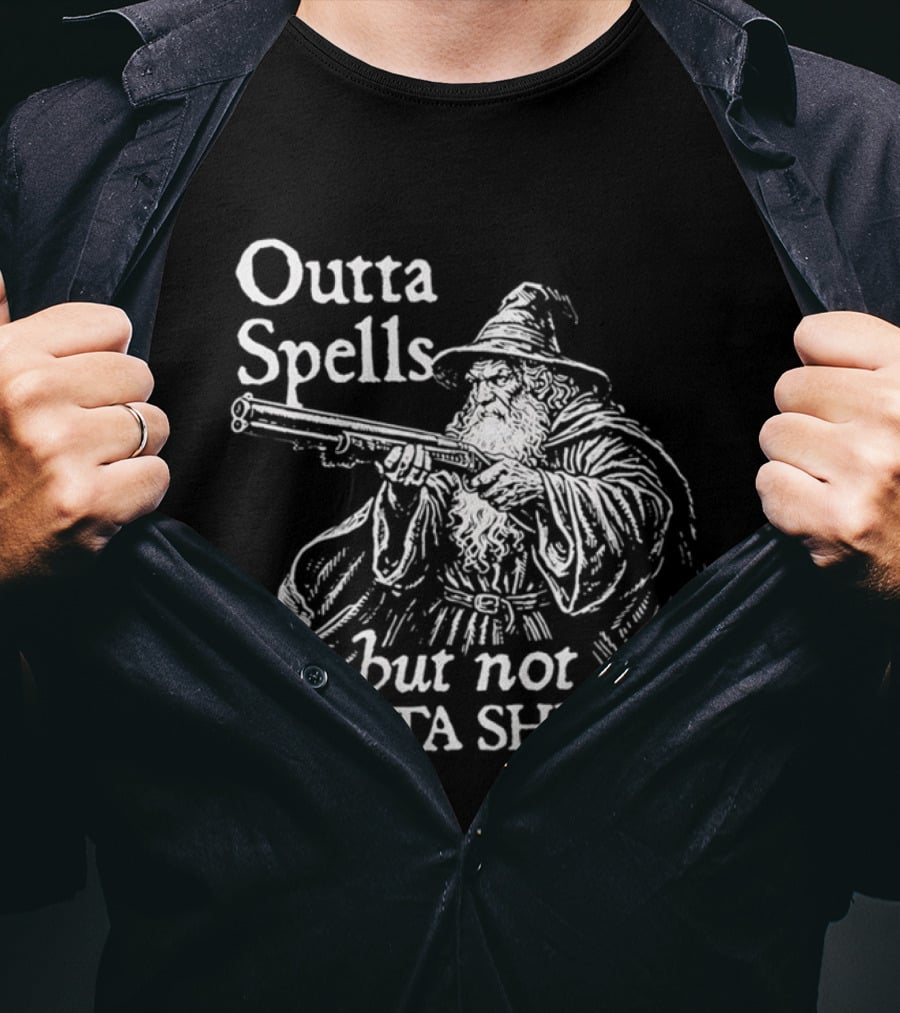 Outta Spells But Not Outta Shells Wizard With Gun Magic T-Shirt