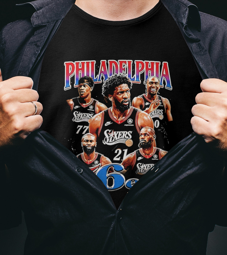 Philadelphia 76ers Embiid LeBron Collage 21 77 T-Shirt