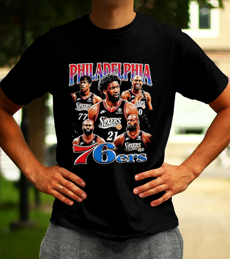 Philadelphia 76ers Embiid LeBron Collage 21 77 T-Shirt