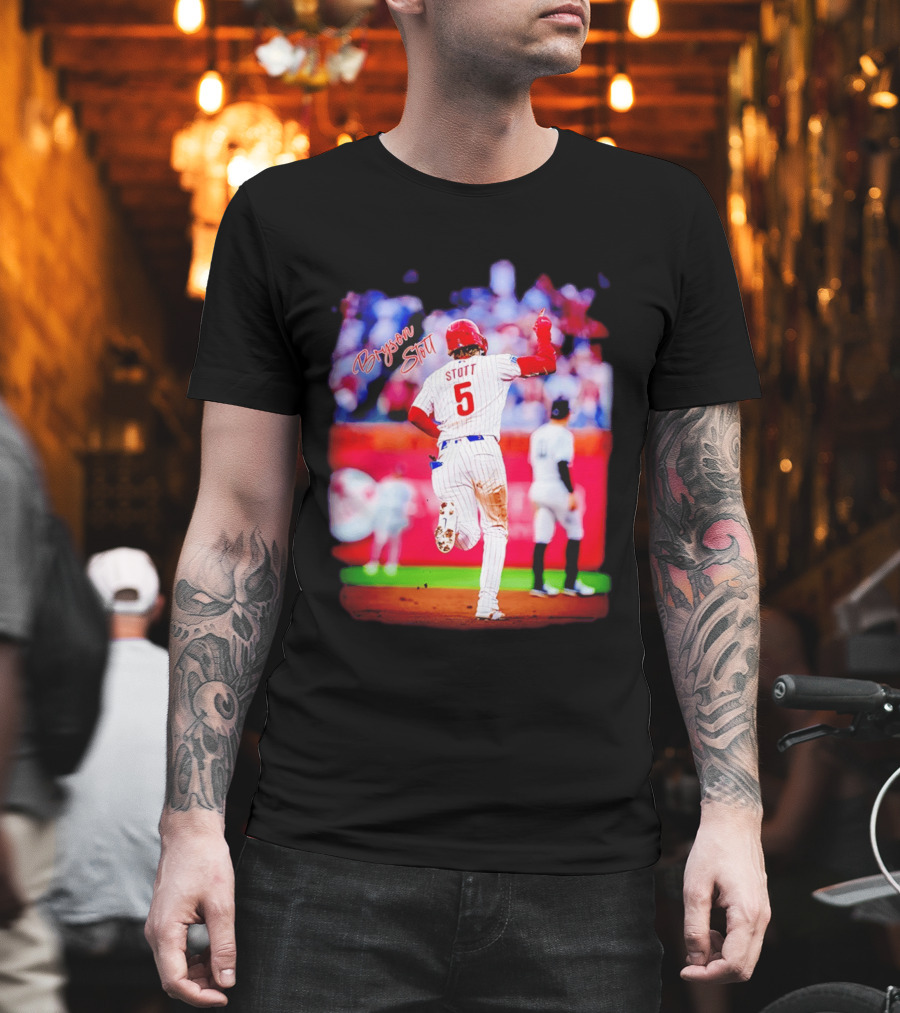 Philadelphia Phillies Bryson Stott 5 Baseball Game Action T-Shirt