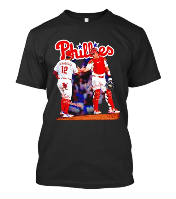 Philadelphia Phillies Kyle Schwarber J Realmuto 12 Catcher Handshake T-Shirt