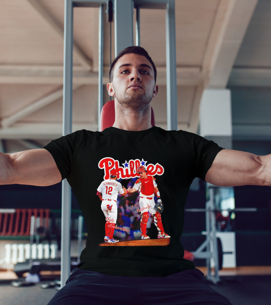 Philadelphia Phillies Kyle Schwarber J Realmuto 12 Catcher Handshake T-Shirt