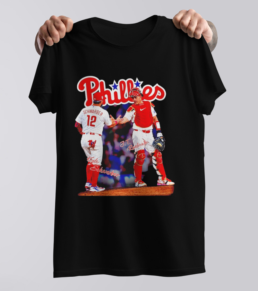 Philadelphia Phillies Kyle Schwarber J Realmuto 12 Catcher Handshake T-Shirt