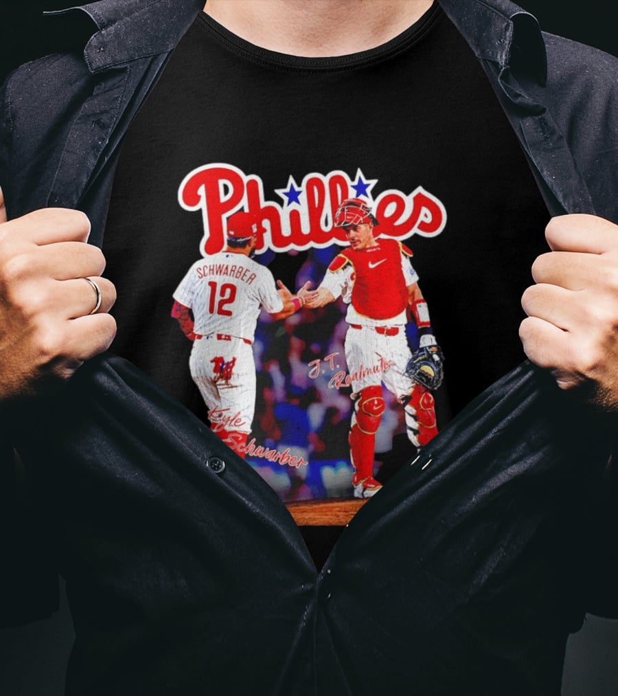 Philadelphia Phillies Kyle Schwarber J Realmuto 12 Catcher Handshake T-Shirt