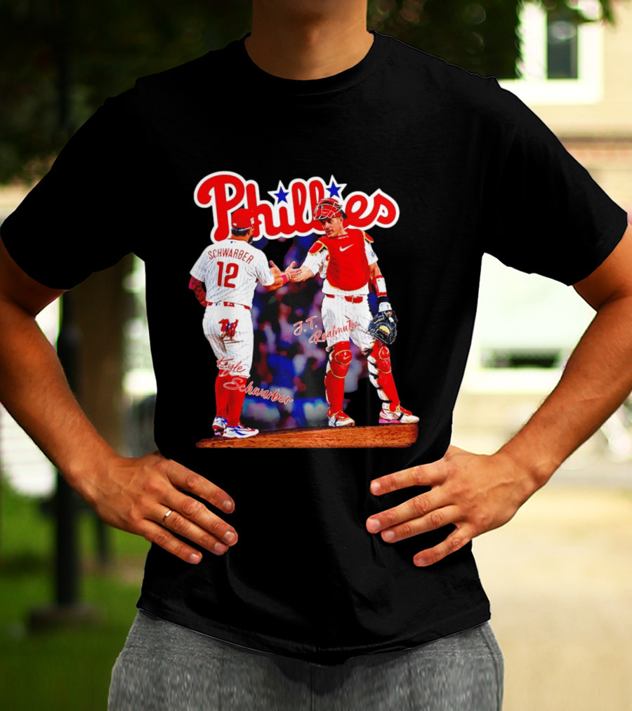 Philadelphia Phillies Kyle Schwarber J Realmuto 12 Catcher Handshake T-Shirt