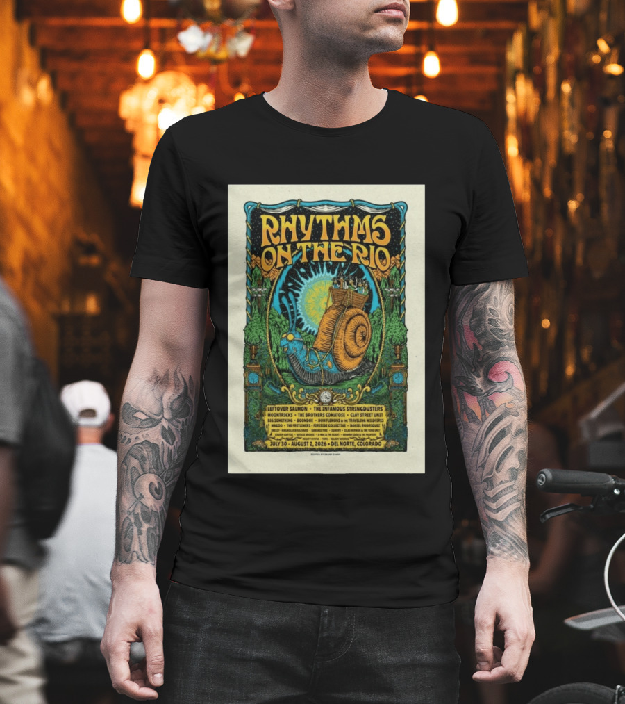 Rhythms On The Rio July 30 August 2 2026 Del Norte Colorado Leftover Salmon The Infamous Stringdusters T-Shirt