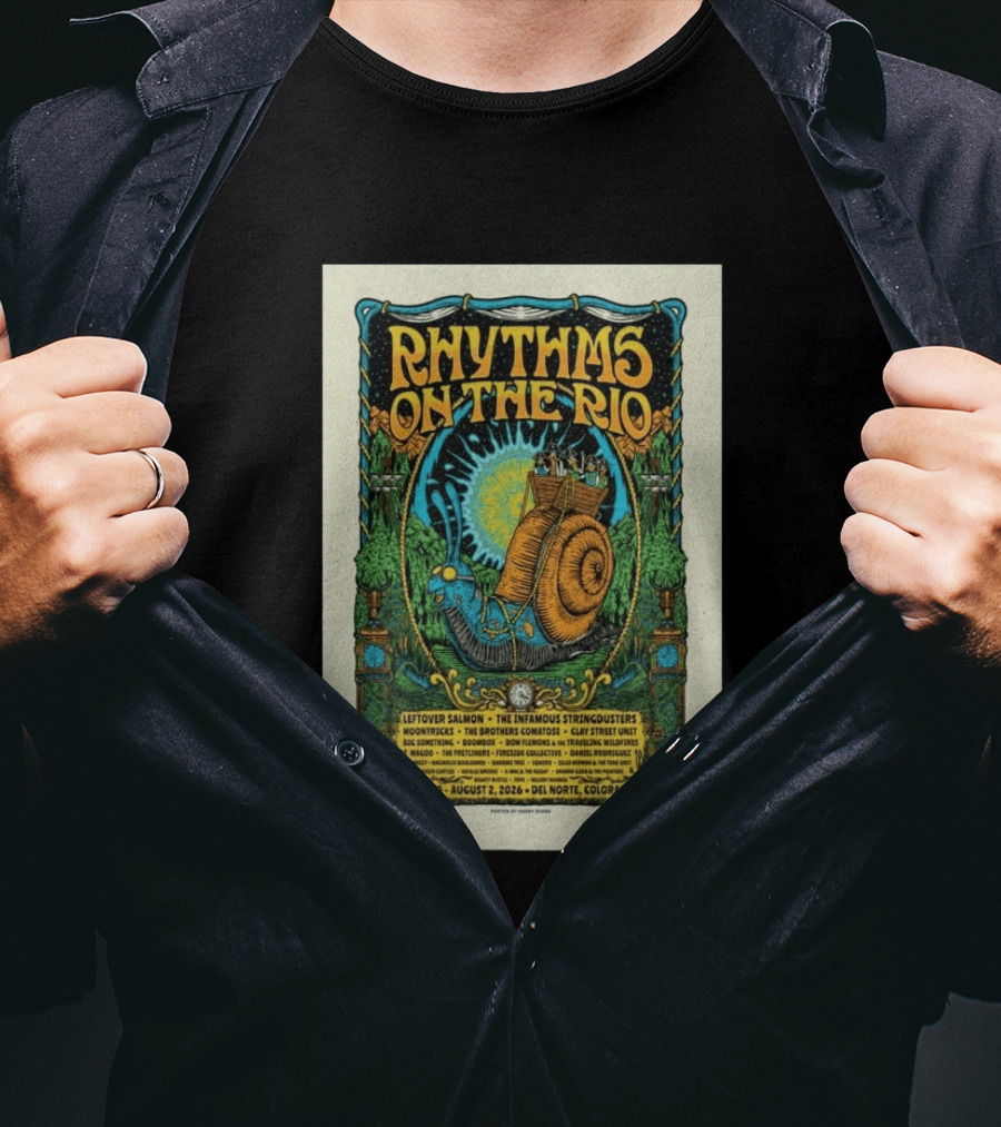 Rhythms On The Rio July 30 August 2 2026 Del Norte Colorado Leftover Salmon The Infamous Stringdusters T-Shirt