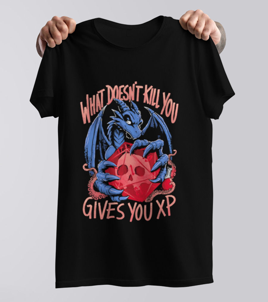 What Doesn't Kill You Gives You XP Blue Dragon Holding Red D20 Skull T-Shirt