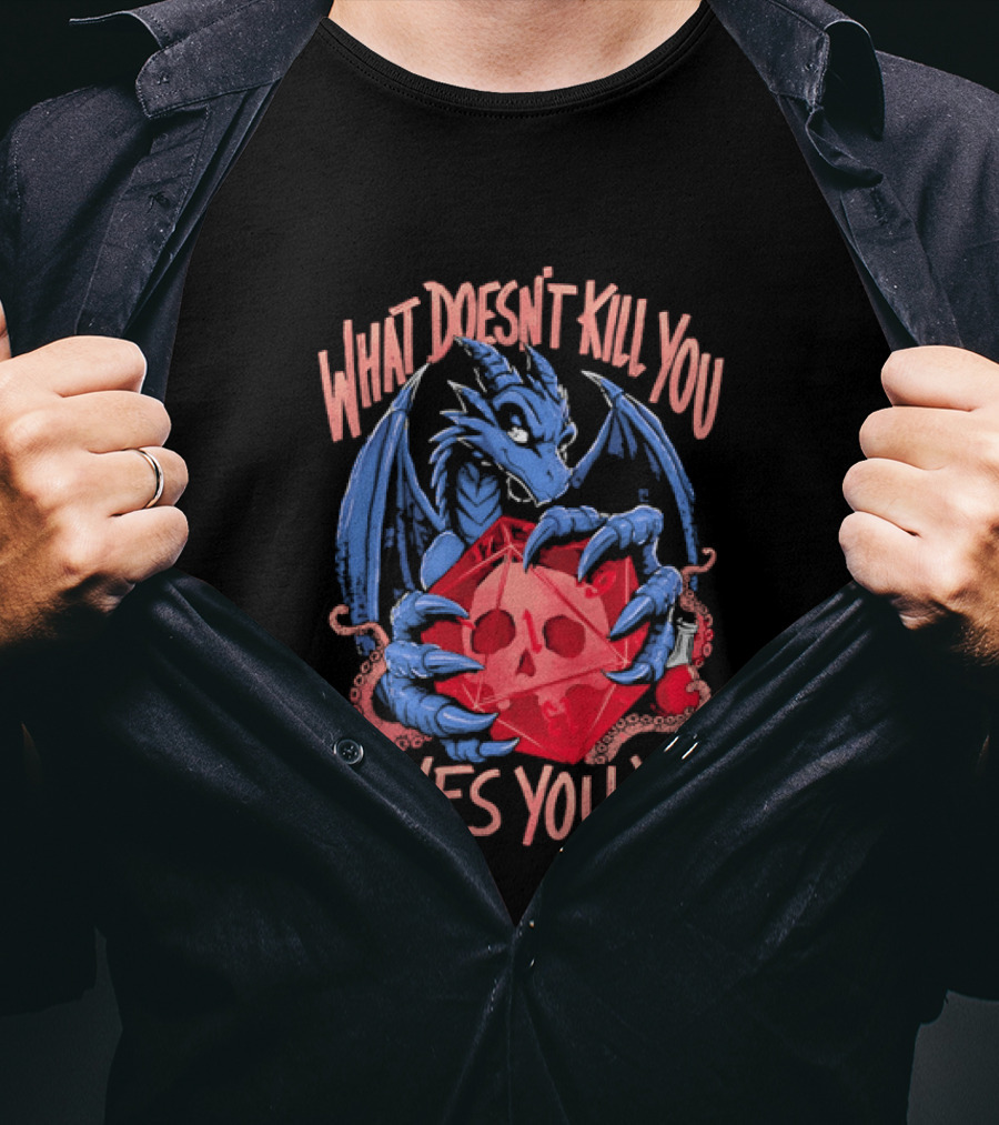 What Doesn't Kill You Gives You XP Blue Dragon Holding Red D20 Skull T-Shirt