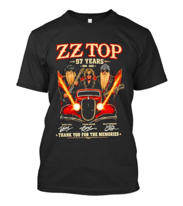 ZZ Top 57 Years 1969 2026 Dusty Hill Franc Beard Billy Gibbons Thank You For The Memories Classic Car And Guitars T-Shirt