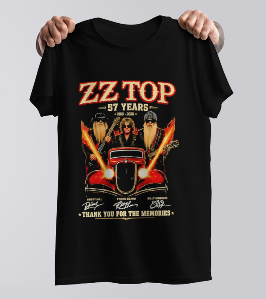ZZ Top 57 Years 1969 2026 Dusty Hill Franc Beard Billy Gibbons Thank You For The Memories Classic Car And Guitars T-Shirt
