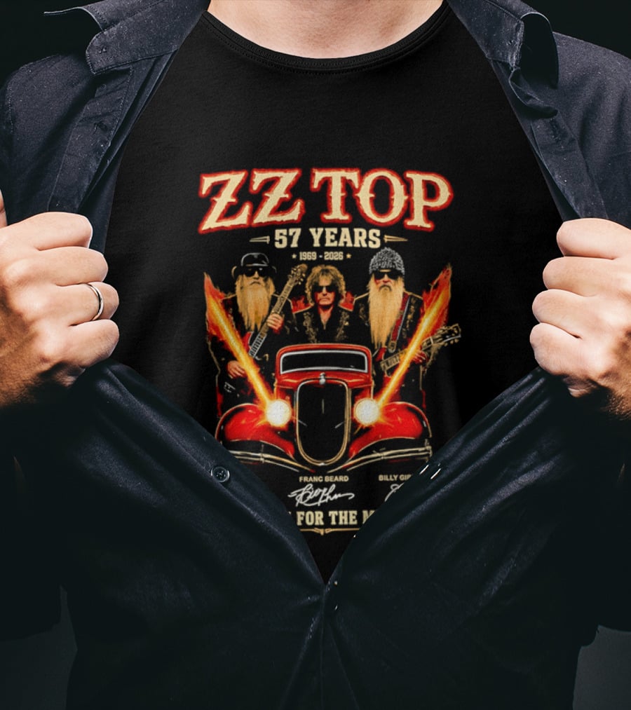 ZZ Top 57 Years 1969 2026 Dusty Hill Franc Beard Billy Gibbons Thank You For The Memories Classic Car And Guitars T-Shirt