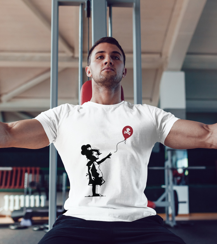 Baker Reaching For Cupcake And Crossbones Balloon Black Silhouette On Red T-Shirt
