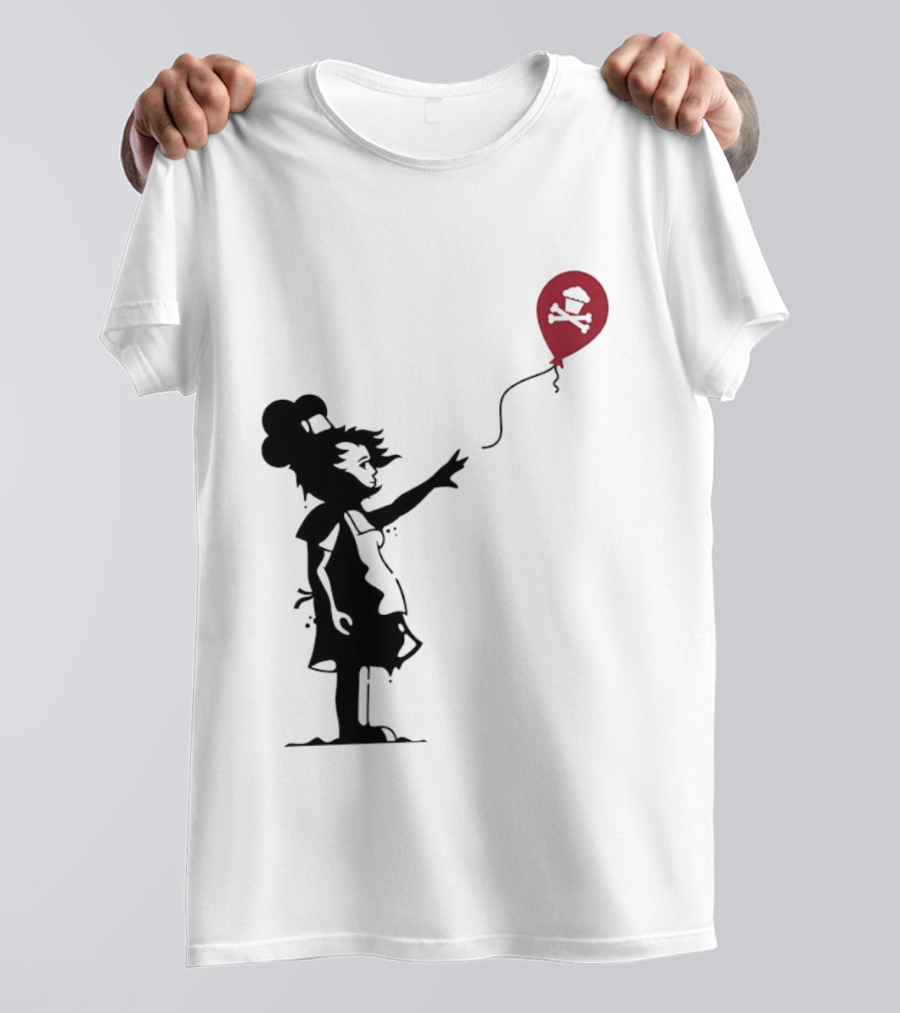 Baker Reaching For Cupcake And Crossbones Balloon Black Silhouette On Red T-Shirt