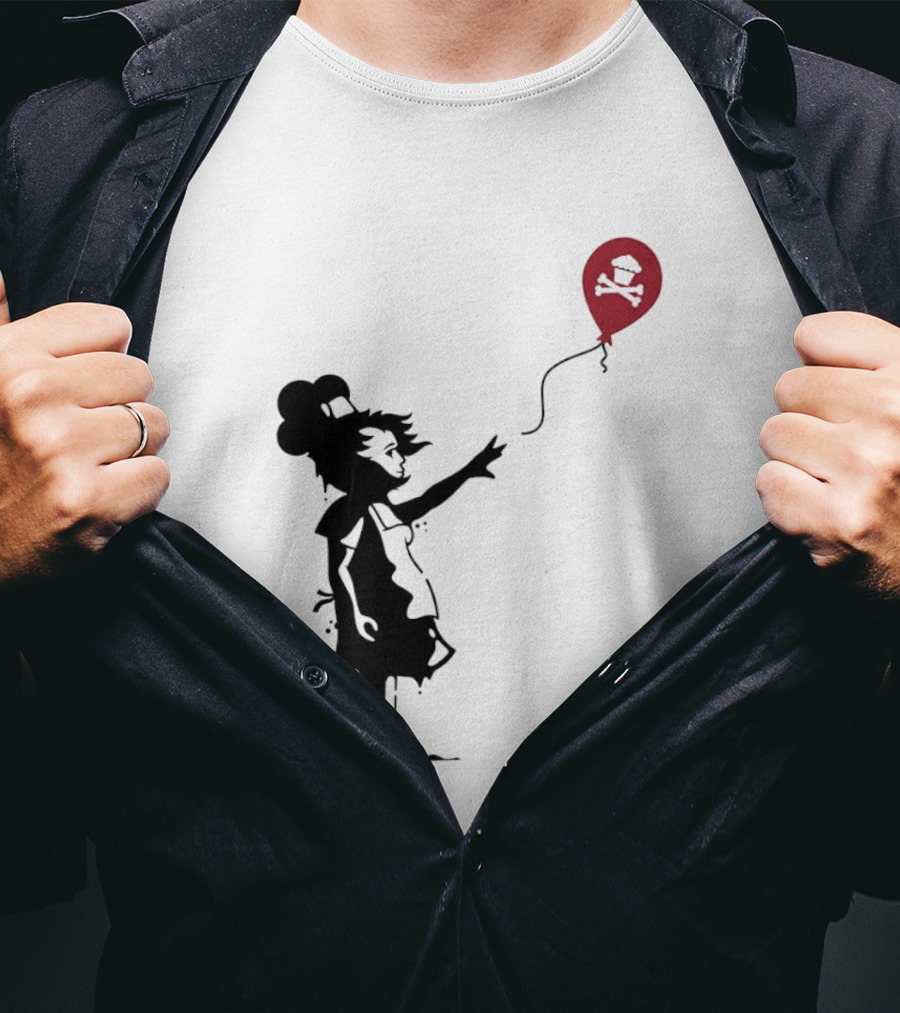 Baker Reaching For Cupcake And Crossbones Balloon Black Silhouette On Red T-Shirt