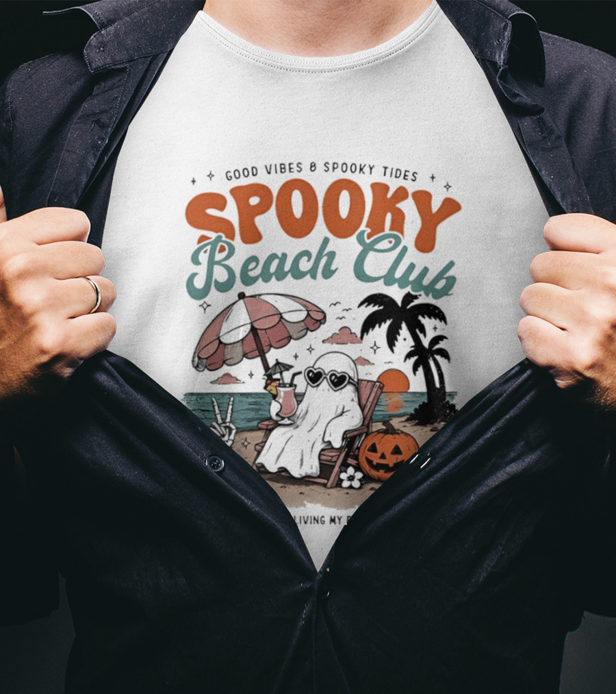 Good Vibes & Spooky Tides Spooky Beach Club Salty Spooky & Living My Best Afterlife T-Shirt
