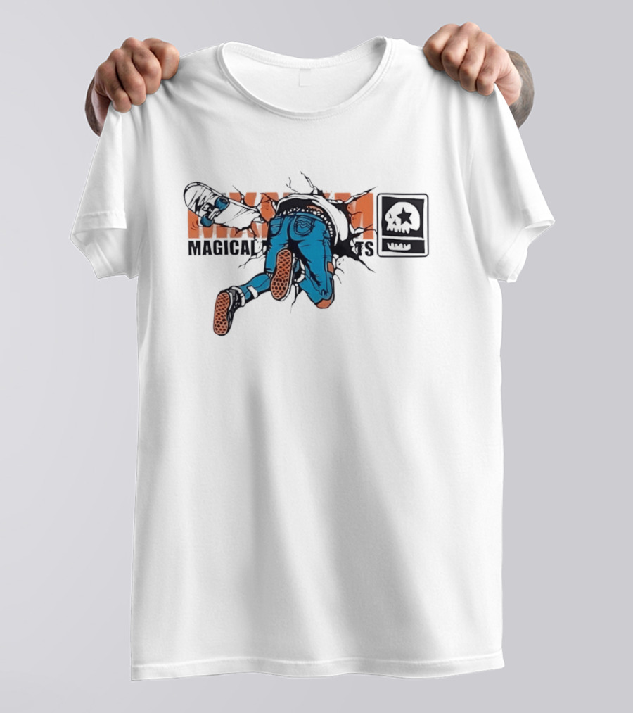 Magical Skateboarder Crashing Through Wall Skull Jeans Brick Wall T-Shirt