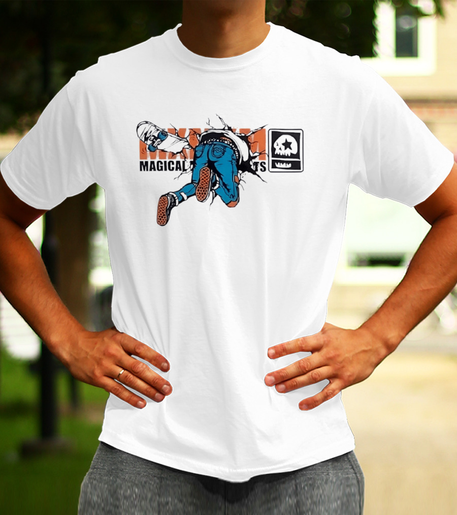 Magical Skateboarder Crashing Through Wall Skull Jeans Brick Wall T-Shirt