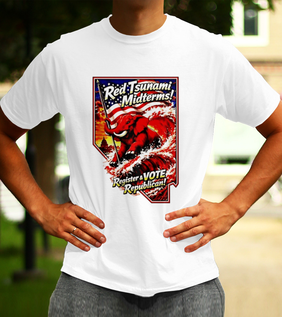Red Tsunami Midterms Register And Vote Republican Political Elephant With American Flag T-Shirt