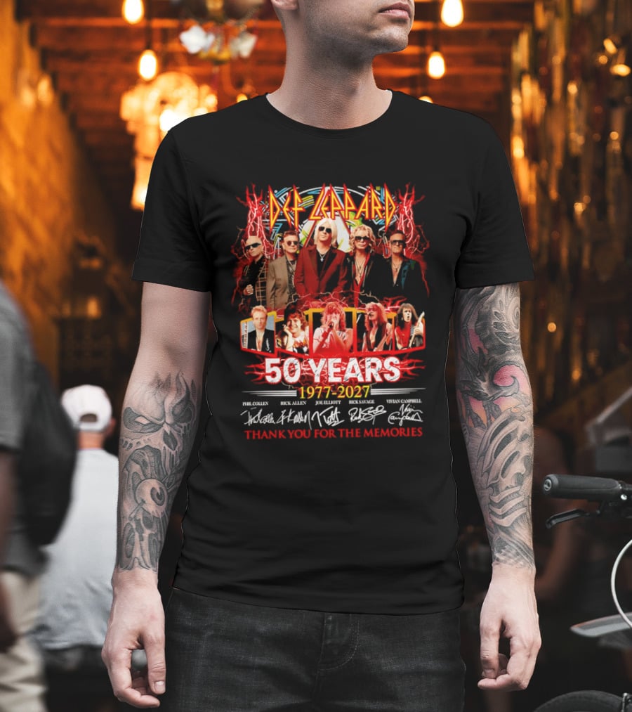Def Leppard 50 Years 1977 2027 Thank You For The Memories Rock Legends Celebration Autographed Collage T-Shirt