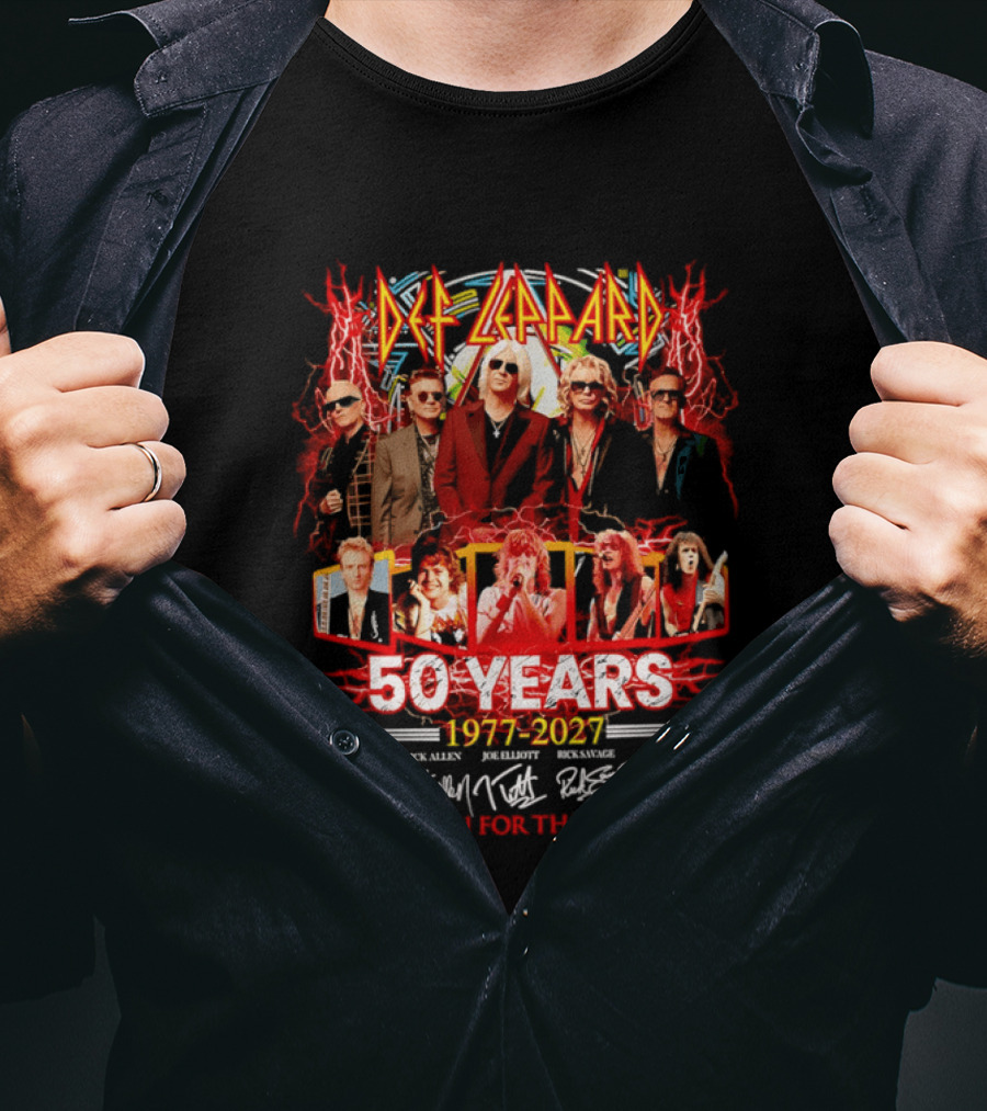 Def Leppard 50 Years 1977 2027 Thank You For The Memories Rock Legends Celebration Autographed Collage T-Shirt