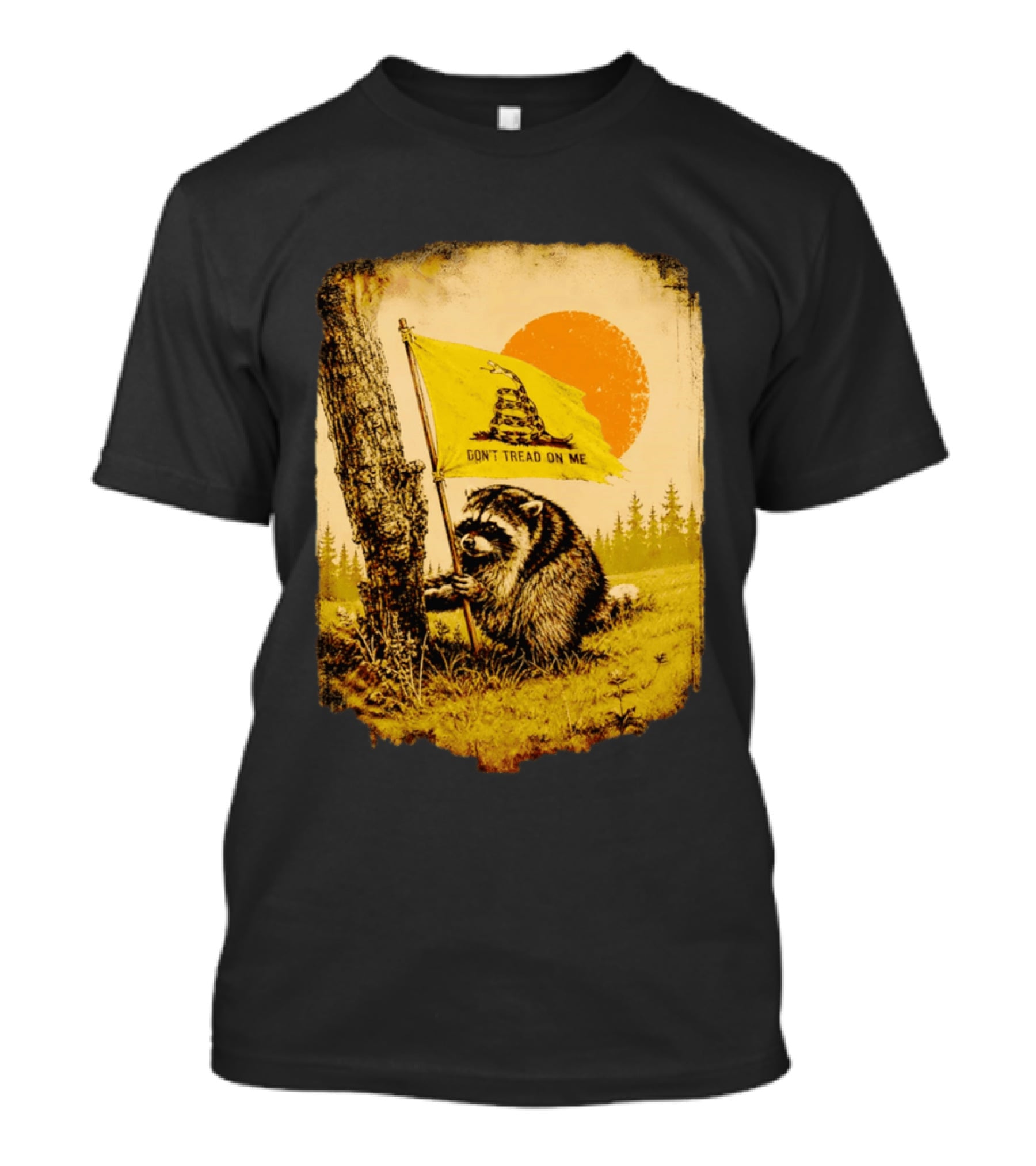 Don't Tread On Me Raccoon Holding Gadsden Flag Rustic Sun T-Shirt