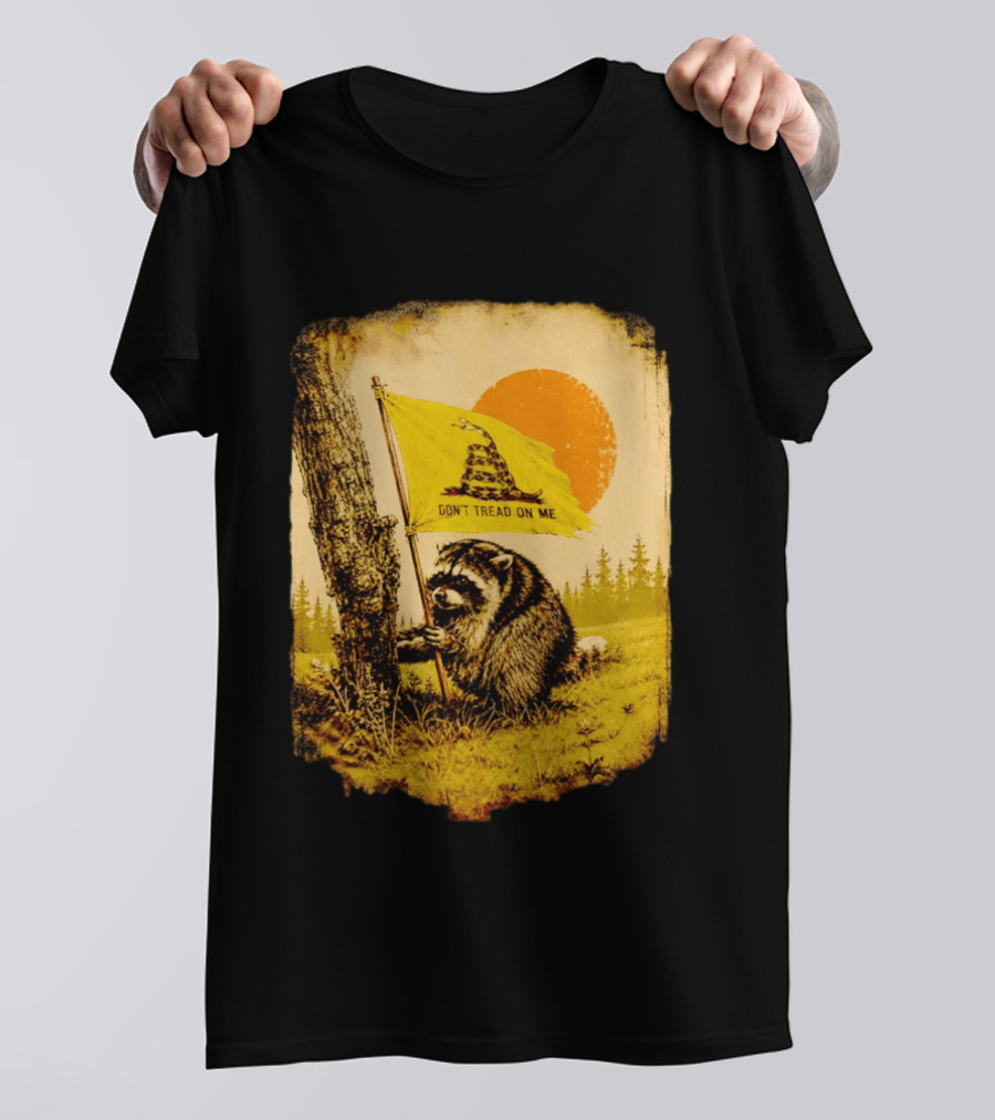 Don't Tread On Me Raccoon Holding Gadsden Flag Rustic Sun T-Shirt