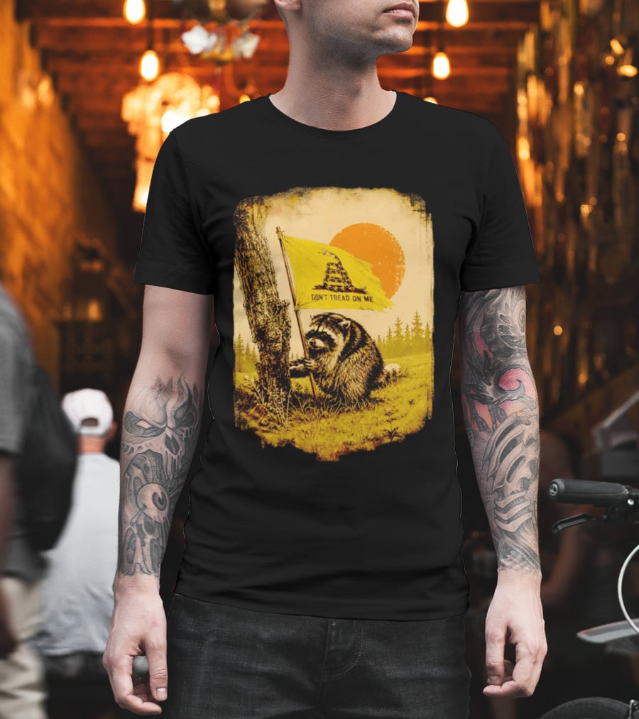 Don't Tread On Me Raccoon Holding Gadsden Flag Rustic Sun T-Shirt