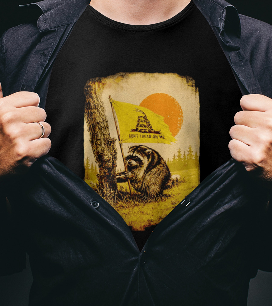 Don't Tread On Me Raccoon Holding Gadsden Flag Rustic Sun T-Shirt