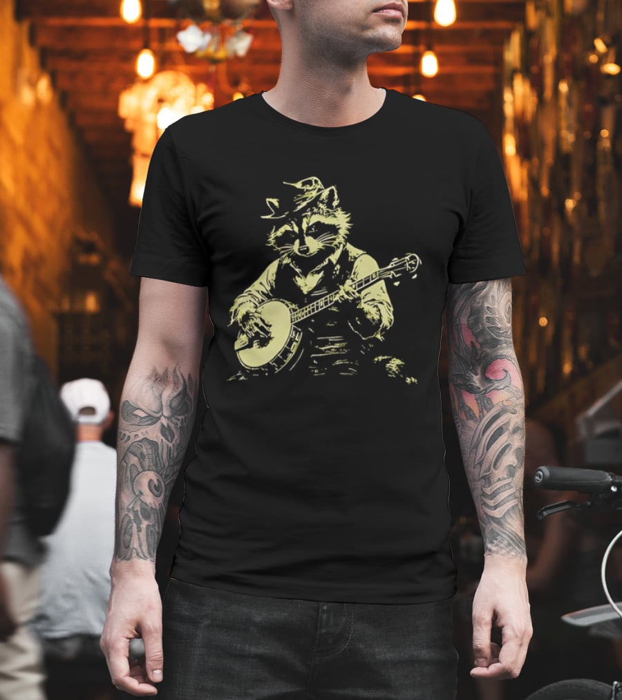 Raccoon Strumming Banjo Wearing Hat And Vest T-Shirt