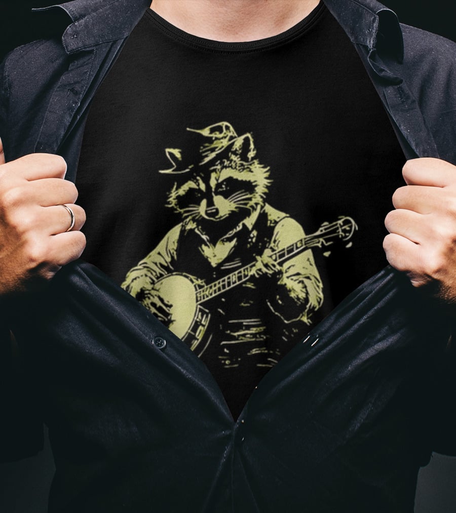 Raccoon Strumming Banjo Wearing Hat And Vest T-Shirt