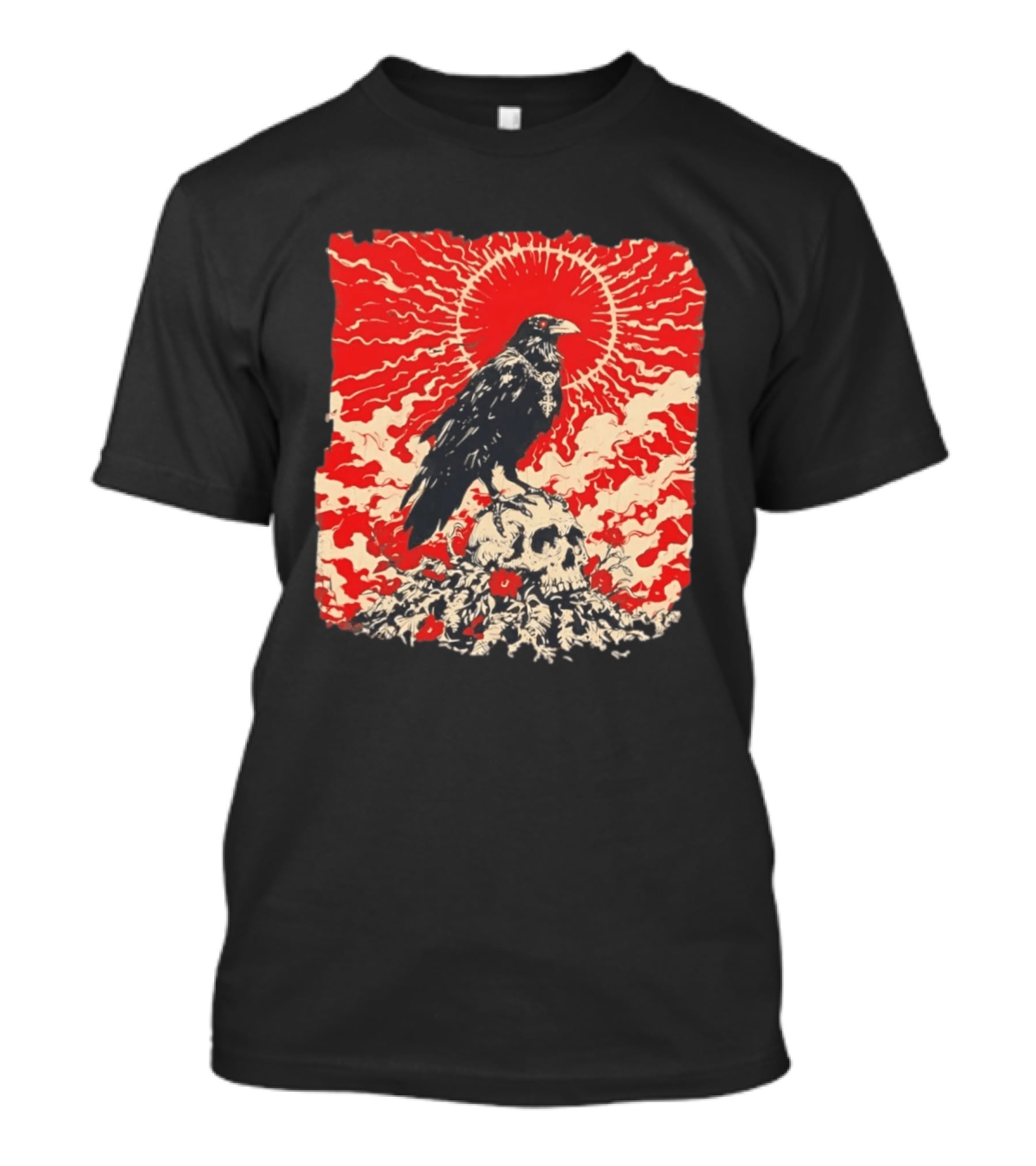 The Crow And The Skull Vintage Gothic Illustration Red Sunburst Mystical T-Shirt