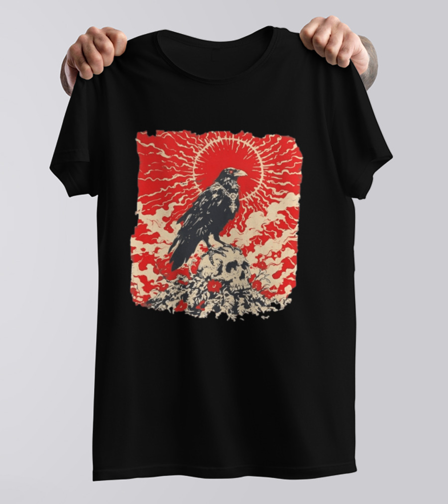 The Crow And The Skull Vintage Gothic Illustration Red Sunburst Mystical T-Shirt