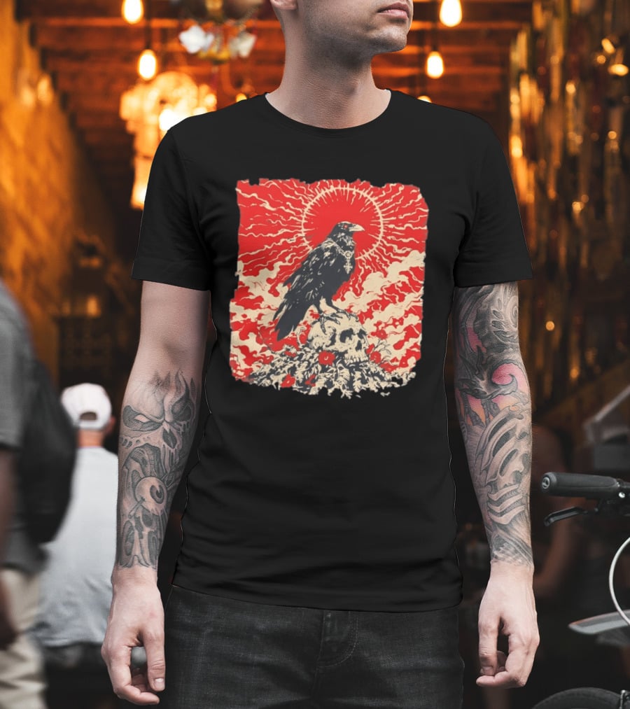 The Crow And The Skull Vintage Gothic Illustration Red Sunburst Mystical T-Shirt