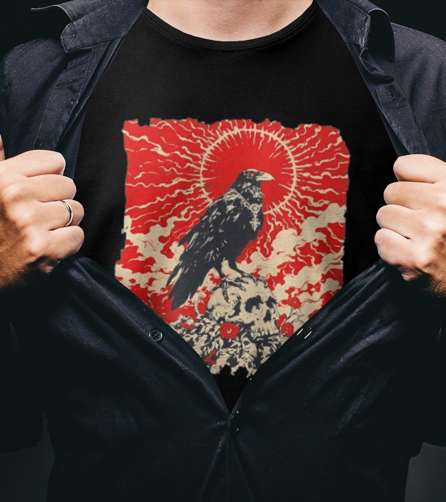 The Crow And The Skull Vintage Gothic Illustration Red Sunburst Mystical T-Shirt