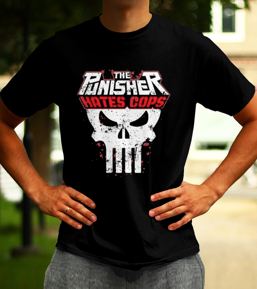 The Punisher Hates Cops Skull Symbol Red White T-Shirt