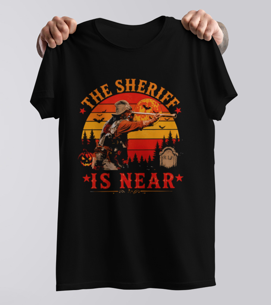 The Sheriff Is Near Halloween Cowboy Full Moon Tombstone Pumpkin Bats T-Shirt